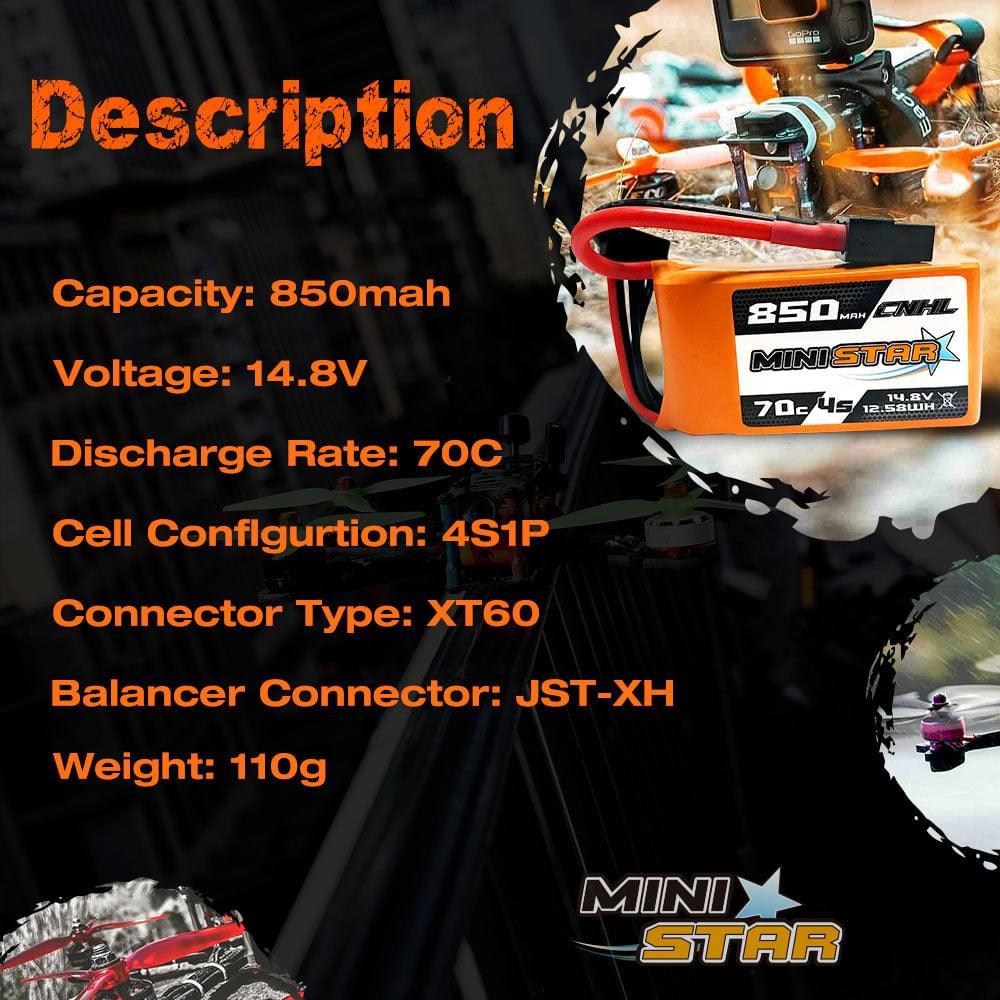 2/4PCS CNHL 4S 14.8V Lipo Battery for FPV - 850mAh 70C MiniStar Series With XT60 Plug For RC FPV Racing Drone Mini Quadcopter Airplane 6 2/4PCS CNHL 4S 14.8V Lipo Battery for FPV - 850mAh 70C MiniStar Series With XT60 Plug For RC FPV Racing Drone Mini Quadcopter Airplane — изображение 6