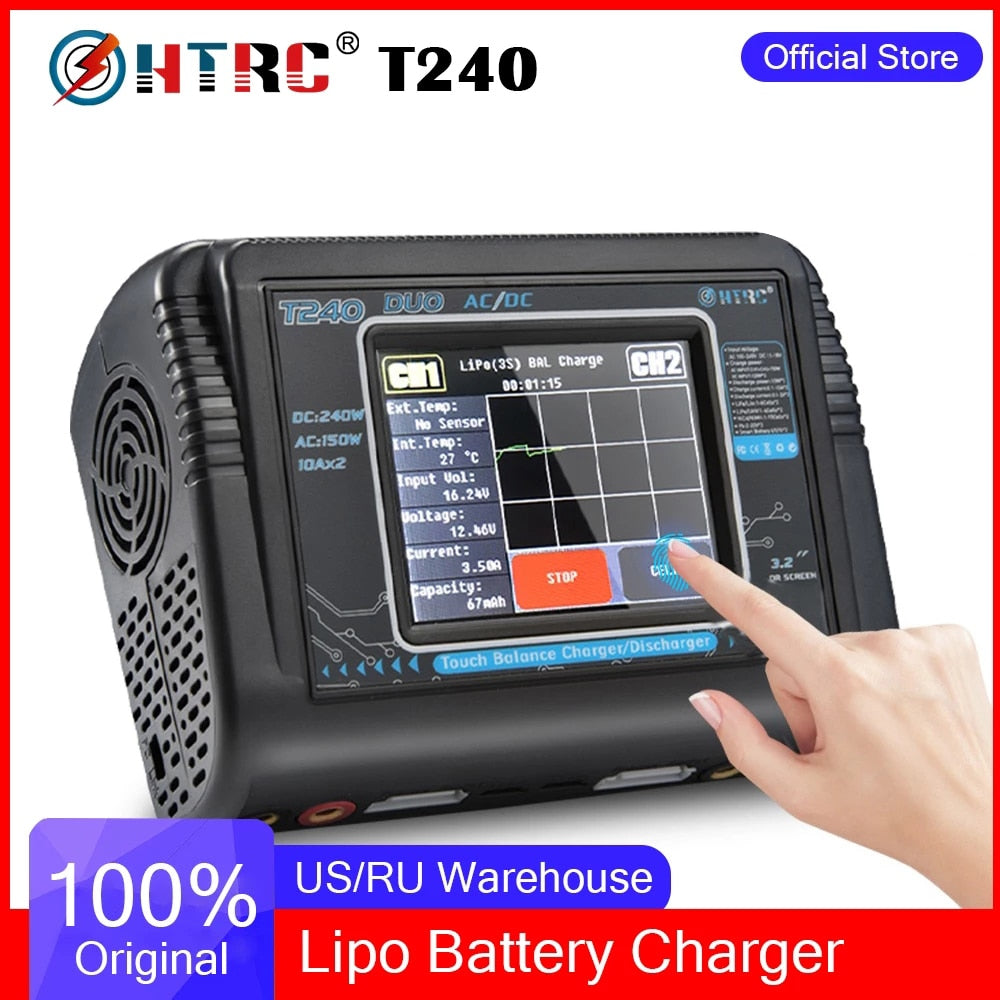 HTRC T240 Duo Lipo Charger - Battery Discharger Dual Channel AC 150W DC 240W Touch Screen RC Charger for Model Car Toy 3 HTRC T240 Duo Lipo Charger - Battery Discharger Dual Channel AC 150W DC 240W Touch Screen RC Charger for Model Car Toy — изображение 3