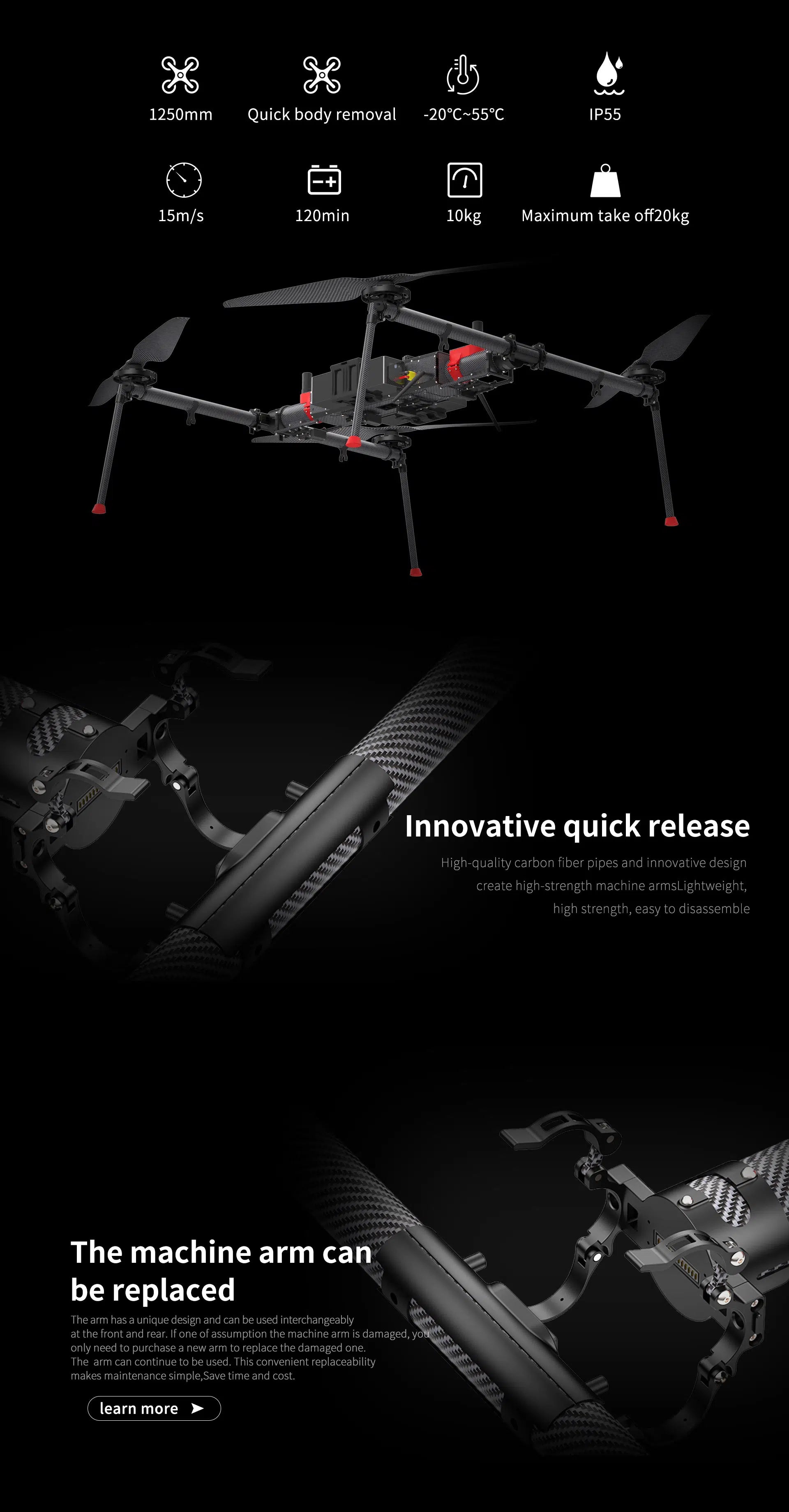 Keel Quadcopter Delivery Drone - 10KG Payload 120 Minutes 10KM 15m/s IP55 GPS RTK Positioning Long Range Cargo Industrial Drone 12 Keel Quadcopter Delivery Drone, the arm has a unique design and can be used interchangeably at the front and rear
