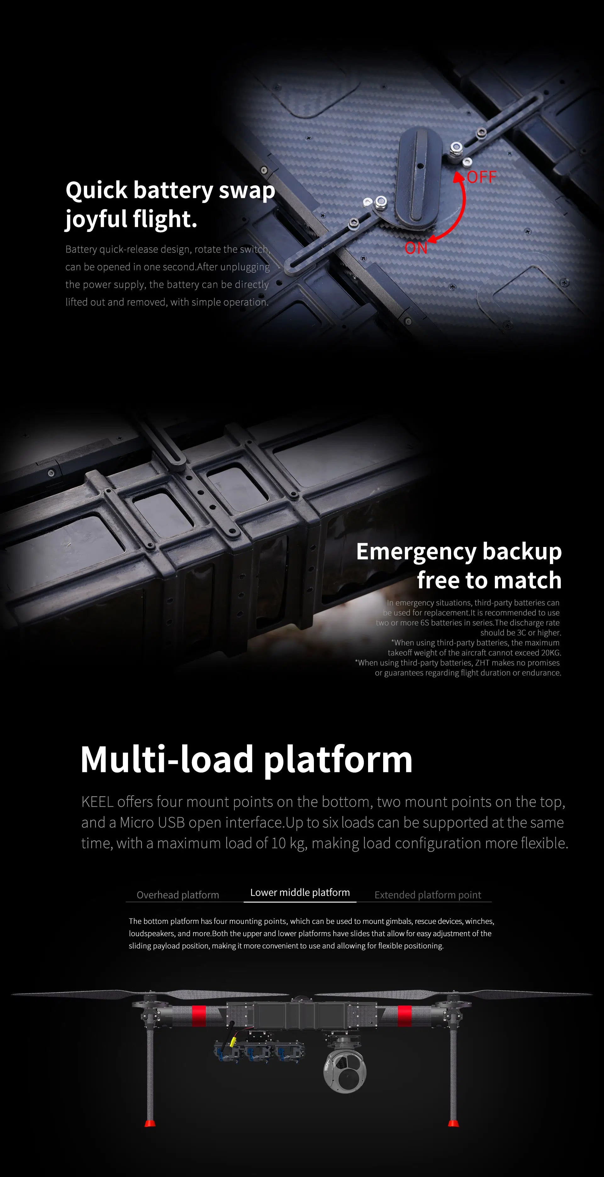 Keel Quadcopter Delivery Drone - 10KG Payload 120 Minutes 10KM 15m/s IP55 GPS RTK Positioning Long Range Cargo Industrial Drone 15 Keel Quadcopter Delivery Drone, maximum takeoff weight of aircraft cannot exceed 20KG . KEEL offers four mount points