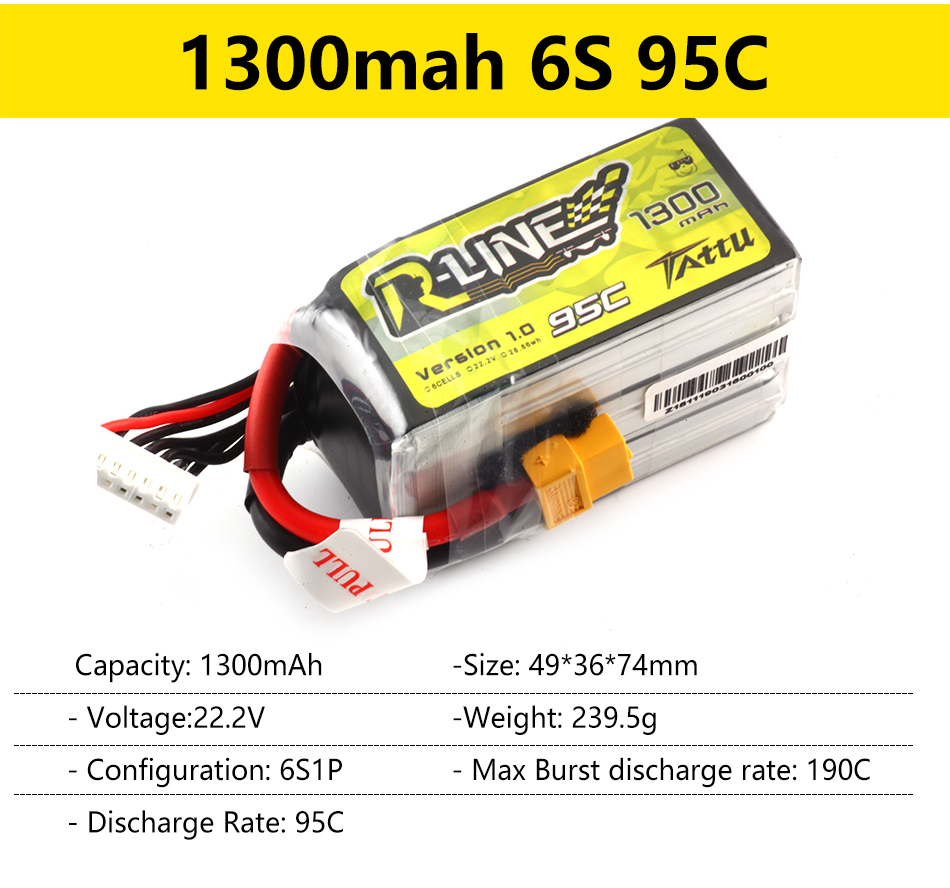 Gens Ace Tattu R-Line 1.0 2.0 LiPo Rechargeable Battery 550/650/750/850/1050/1300/1550/1800mah 95C 3S 4S 6S for RC FPV Racing 75 1300mah 6S 95C 1.0 Capacity: 130OmAh Size