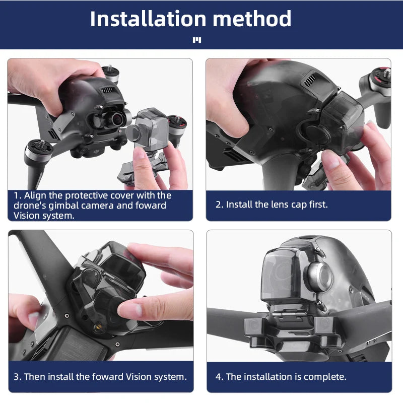 Lens Cap for DJI FPV Combo - Lens Down-view Integrated Cover Protector Drone Down-visual Lens Cap Gimbal Camera Fixed Protector Accessories 28 Lens Cap for DJI FPV Combo, installation method Align protective cover with the drone's gimbal camera and foward