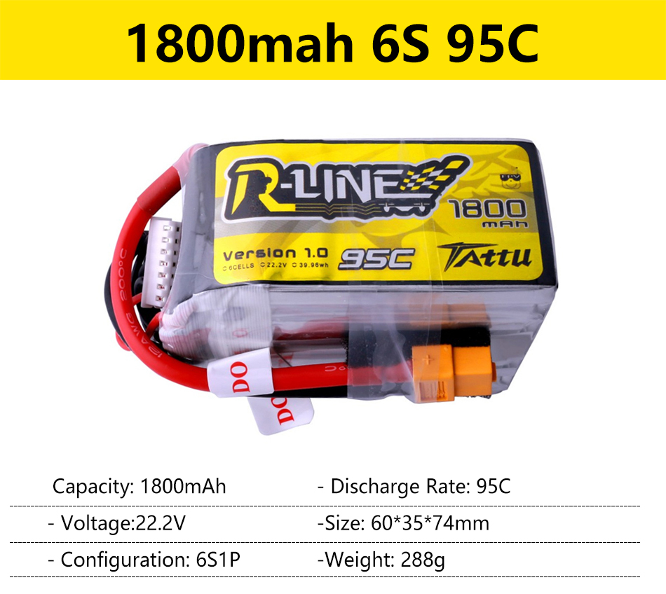 Gens Ace Tattu R-Line 1.0 2.0 LiPo Rechargeable Battery 550/650/750/850/1050/1300/1550/1800mah 95C 3S 4S 6S for RC FPV Racing 79 18Omah 6S 95C TLINEE7 1800 MFN Version 8114