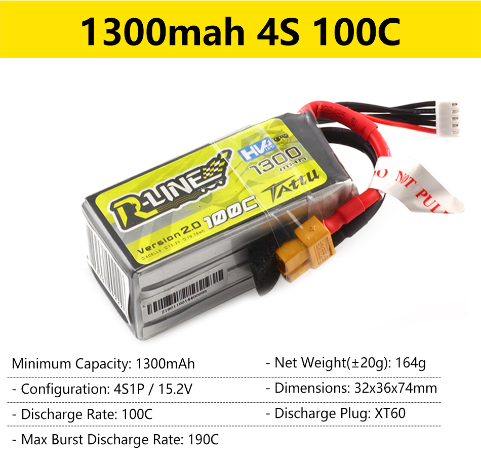 Gens Ace Tattu R-Line 1.0 2.0 LiPo Rechargeable Battery 550/650/750/850/1050/1300/1550/1800mah 95C 3S 4S 6S for RC FPV Racing 81 1300mah 4S 1O0C Minimum Capacity: 130OmAh
