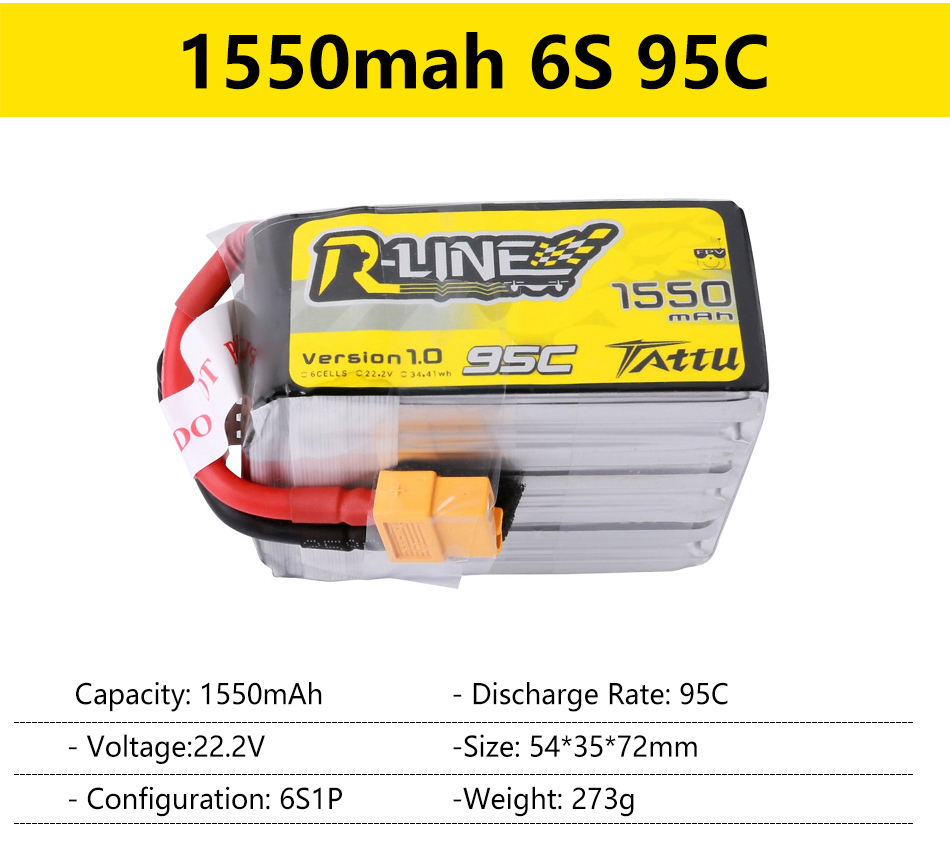 Gens Ace Tattu R-Line 1.0 2.0 LiPo Rechargeable Battery 550/650/750/850/1050/1300/1550/1800mah 95C 3S 4S 6S for RC FPV Racing 77 1550mah 6S 95C TRLNE3 1550 mAN Version