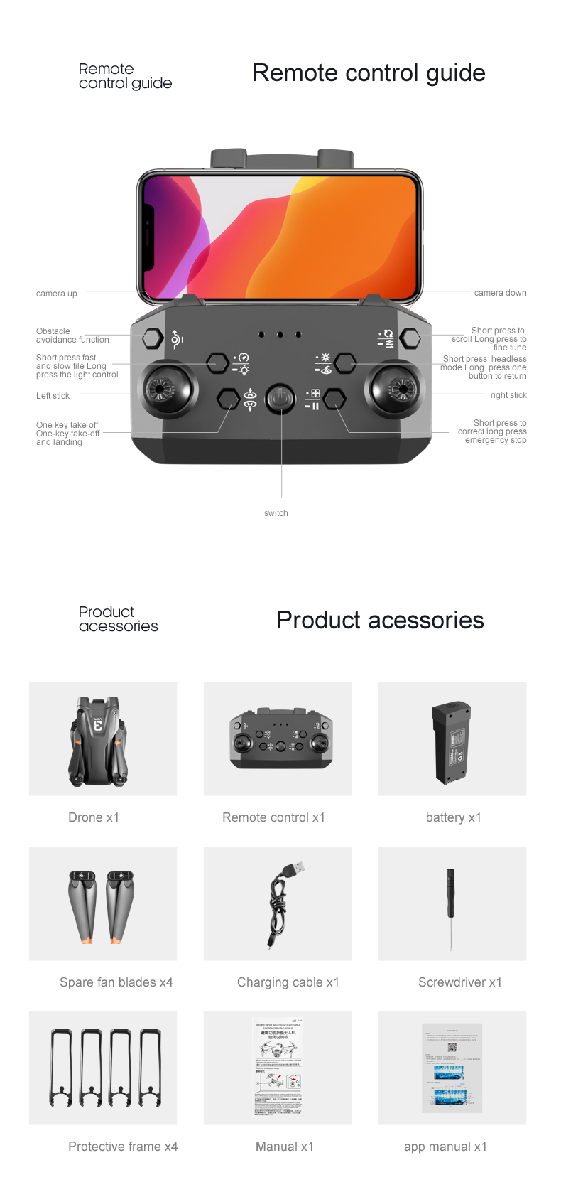 KBDFA Drone, renoeguide remote control guide camera up camera dowan obs