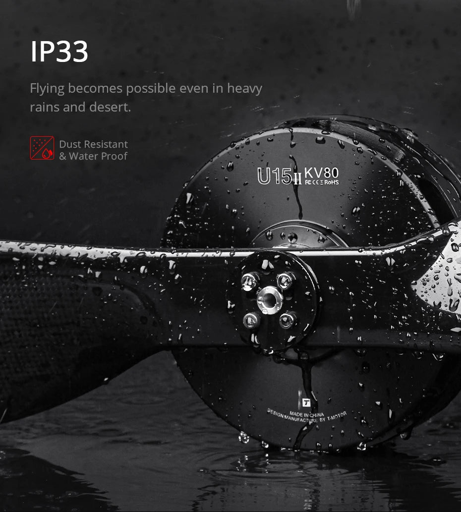 T-MOTOR U15II KV100/KV80 36KG Thrust Motor UAV Propeller Heavy Lift Drone Flame 200A ESC,Flame 180A ESC G40x13.1 Prop optional 28 T-MOTOR, IP33 Flying becomes possible even in heavy rains and desert . Dust Resistant