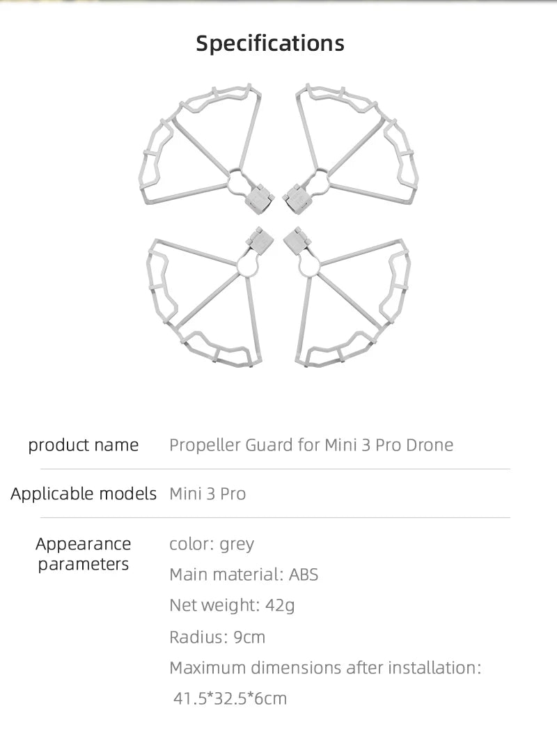 DJI Mavic Mini 1/2/SE/MINI 3 PRO Propeller Guard Protector Props Blade Protection Cover Cage Drone Accessories 63 Specifications product name Propeller Guard for Mini 3 Pro Drone Applicable models Mini 3
