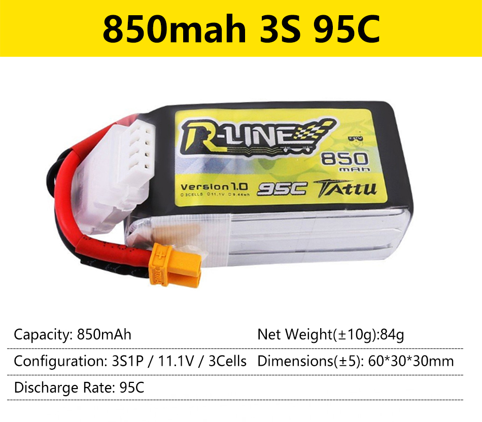 Gens Ace Tattu R-Line 1.0 2.0 LiPo Rechargeable Battery 550/650/750/850/1050/1300/1550/1800mah 95C 3S 4S 6S for RC FPV Racing 70 3S1P 11.1V 3Cells Dimensions(+5): 60*