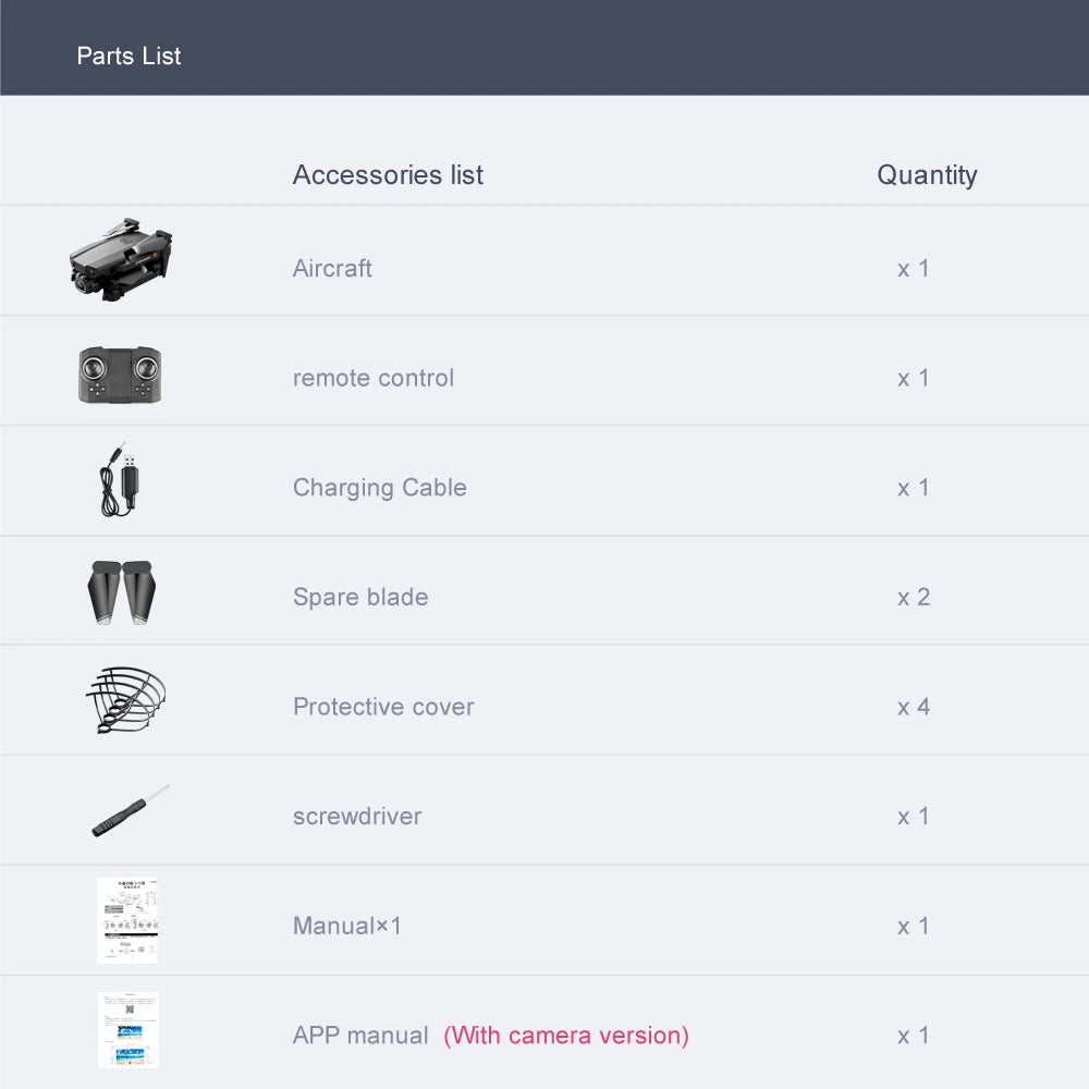 Mini WIFI Professional Drone, parts list accessories list quantity aircraft x1 remote control charging cable 