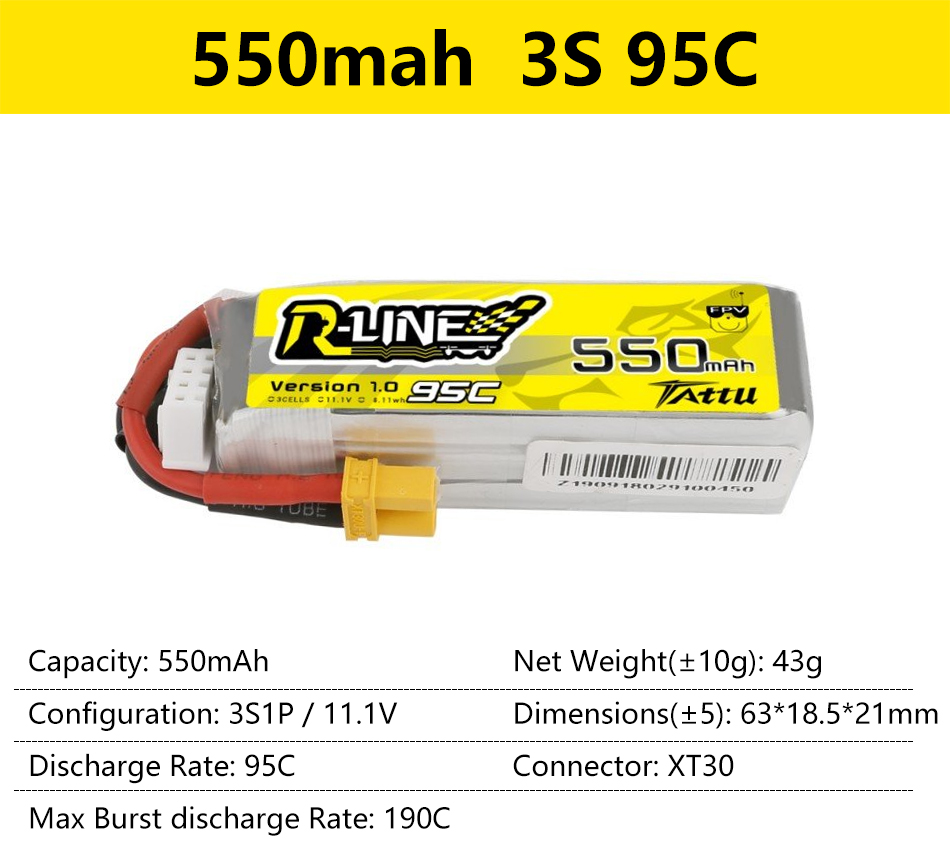 Gens Ace Tattu R-Line 1.0 2.0 LiPo Rechargeable Battery 550/650/750/850/1050/1300/1550/1800mah 95C 3S 4S 6S for RC FPV Racing 65 550mah 3S 95C RLNEZ7 SSOmAh Version J