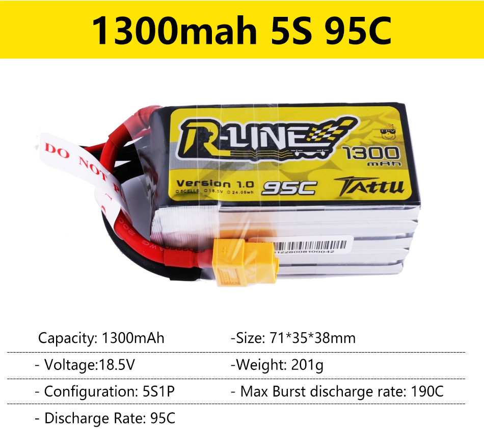 Gens Ace Tattu R-Line 1.0 2.0 LiPo Rechargeable Battery 550/650/750/850/1050/1300/1550/1800mah 95C 3S 4S 6S for RC FPV Racing 74 1300mah 5S 95C PLINEE7 1300 MFn ver