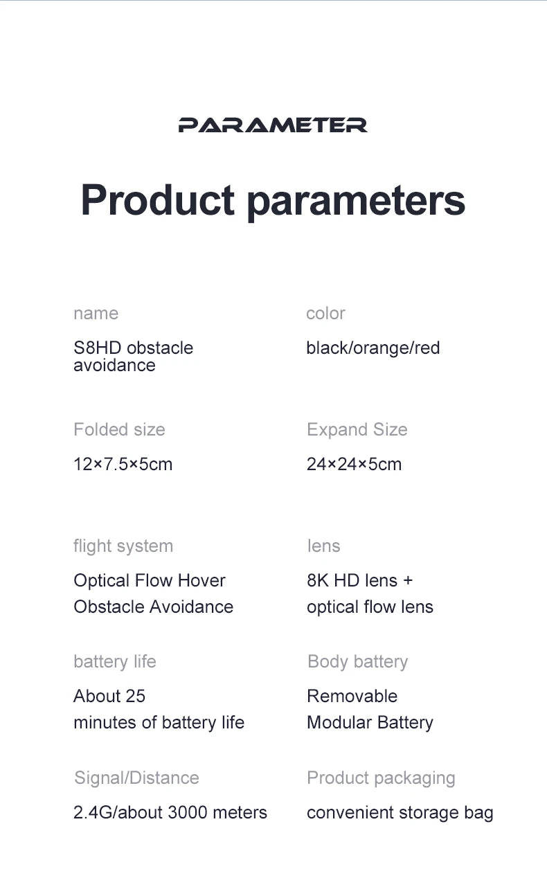 S8 Drone, product parameters name color s8hd obstacle blacklorangel