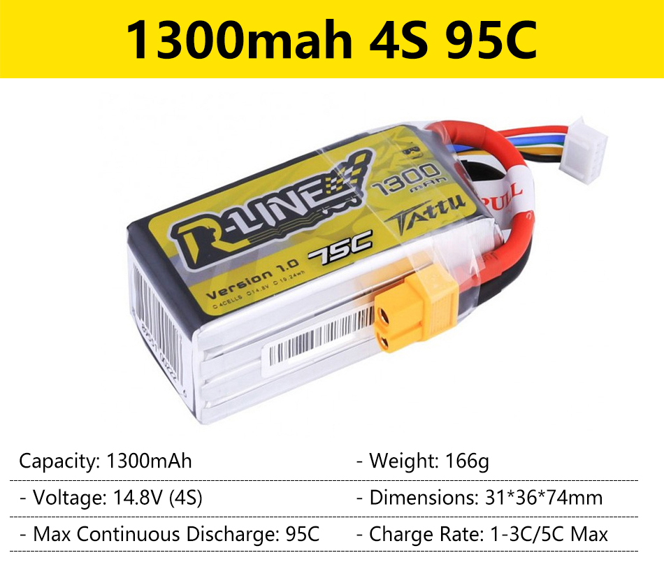 Gens Ace Tattu R-Line 1.0 2.0 LiPo Rechargeable Battery 550/650/750/850/1050/1300/1550/1800mah 95C 3S 4S 6S for RC FPV Racing 73 1300mah 4S 95C 10 Capacity: 130OmAh Weight: