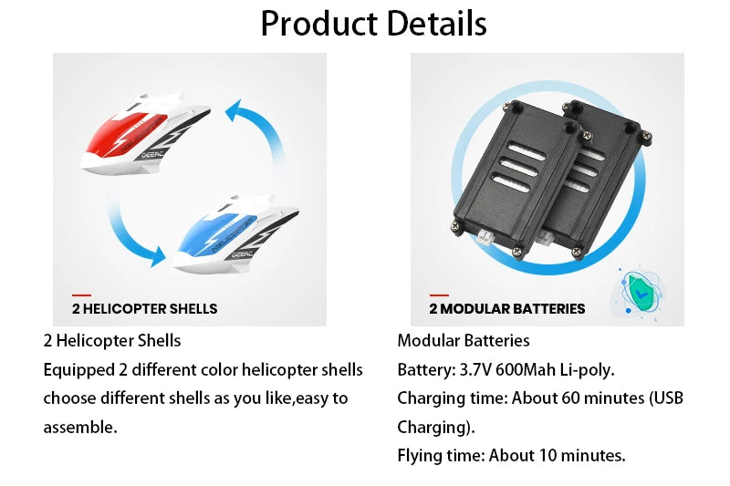 DEERC DE51 Rc Helicopter - Altitude Hold RC Planes With Gyro For Kid Beginner 2.4G Aircraft Indoor Flying Boys Toys 39 DEERC DE51 Rc Helicopter, 2 HELICOPTER SHELLS 2 MODULAR BATTERIES 2 Helic