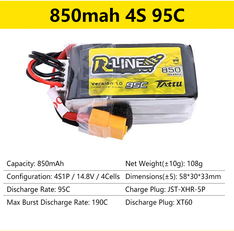 Gens Ace Tattu R-Line 1.0 2.0 LiPo Rechargeable Battery 550/650/750/850/1050/1300/1550/1800mah 95C 3S 4S 6S for RC FPV Racing 71 4S1P 14.8V 4Cells Dimensions(+5): 58