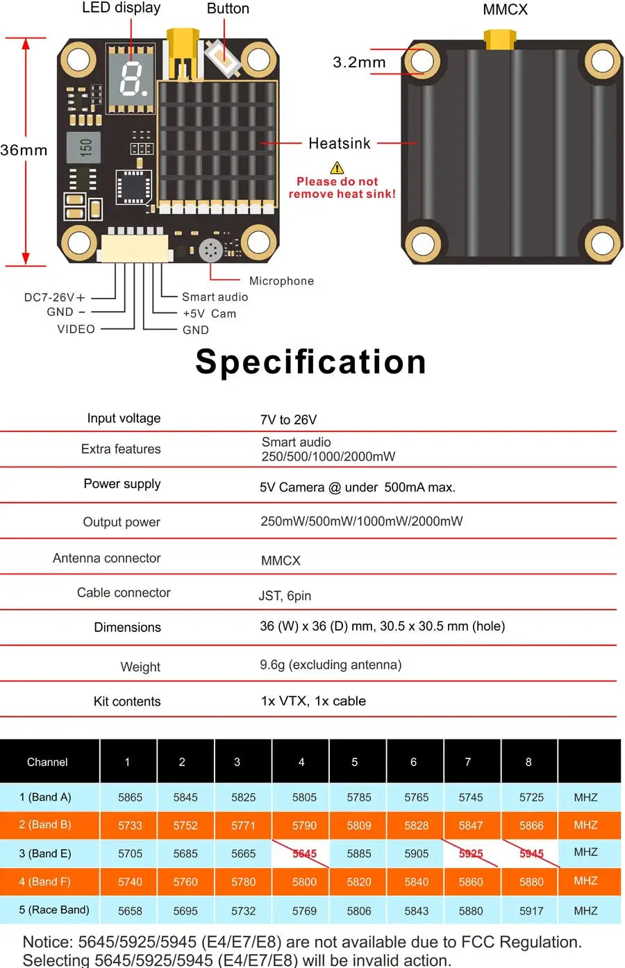 AKK FX2-Dominator VTX - Support Smart audio 250mW/500mW/1000mW/2000mW power switchable FPV Transmitters and OSD configuration with 5V output With MIC 18 AKK FX2-Dominator VTX, LED display Button MMCX 3.2mm 36mm 8 Heatsink Please do not