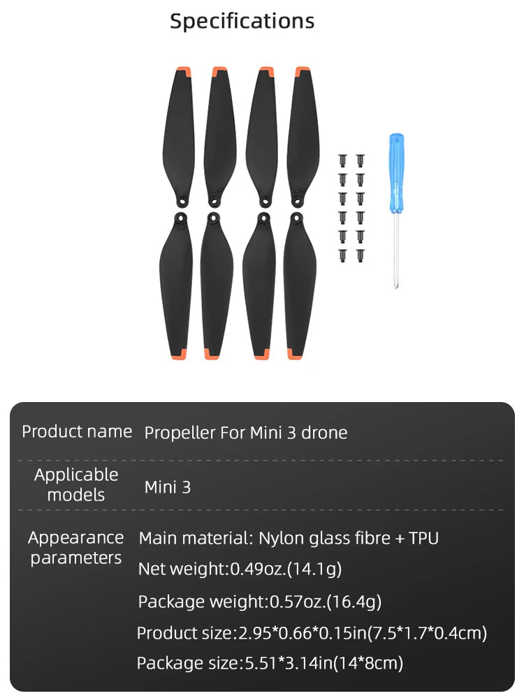 TPU Propeller Props Blade for DJI Mini 3 - 6030 Propeller Light Weight Wing Fans High Quality Replacement Spare Parts Drone Accessories 29 TPU Propeller Props Blade for DJI Mini 3, Specifications Product name Propeller For Mini 3 drone Applicable Mini 3 models Appearance