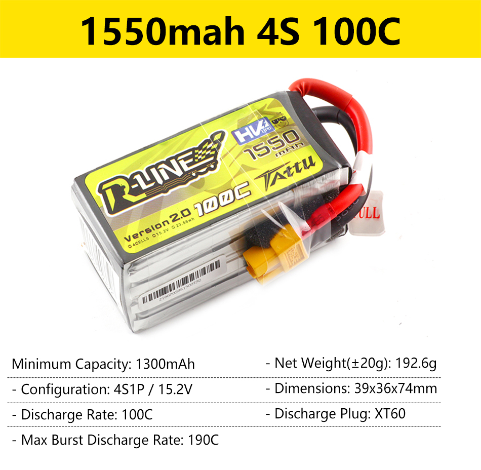 Gens Ace Tattu R-Line 1.0 2.0 LiPo Rechargeable Battery 550/650/750/850/1050/1300/1550/1800mah 95C 3S 4S 6S for RC FPV Racing 82 4S 1O0C ULL Minimum Capacity: 130OmAh Net Weight(