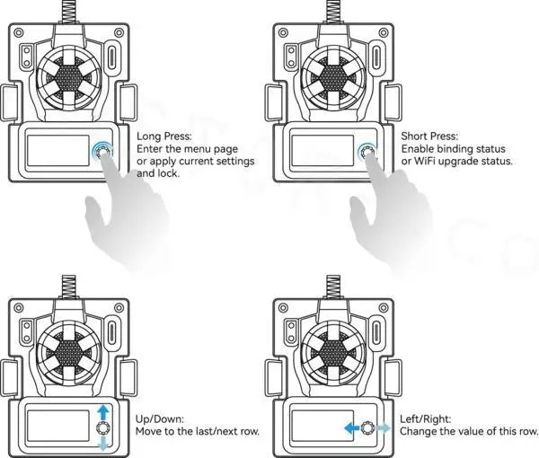 BETAFPV ELRS Micro TX Module, Enter the menu page Enable binding status or apply current settings or WiFi upgrade status; and lock