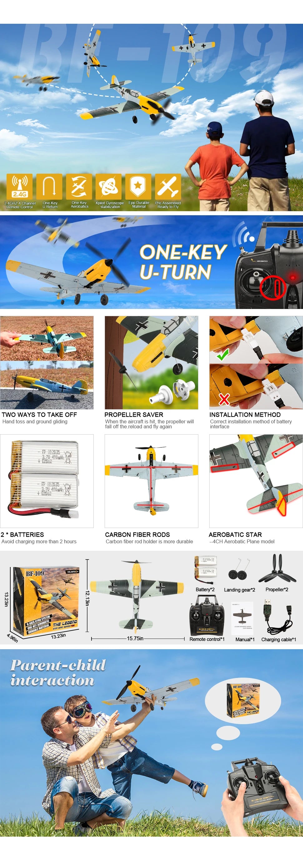 BF109 Remote Control Airplane, Aerobatics stabilization Material ready to fly ONE-KEY U-TURN