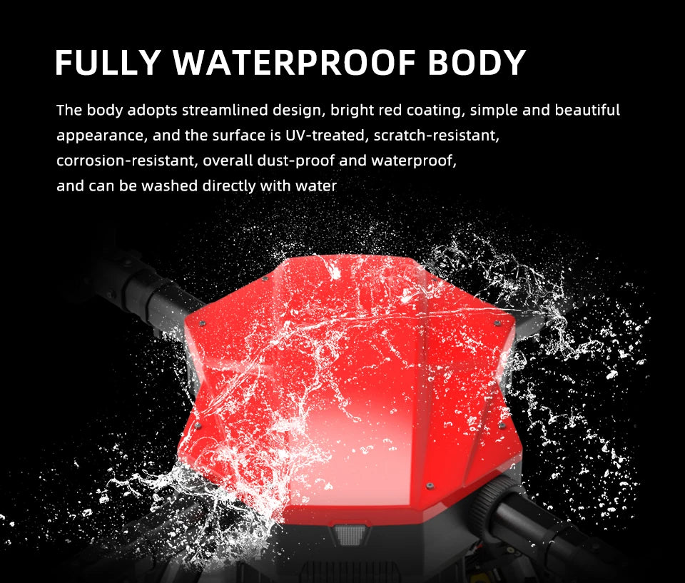 EFT E410P 10L Agriculture Drone - 4 Axis Agriculture Drone frame 10L Water Tank 30inch Propeller Compact With Hobbywing X8, JIYI K3A Pro,Skydroid H12 66 EFT E410P 10L Agriculture Drone, body adopts streamlined design, bright red coating, simple and beautiful appearance . surface is