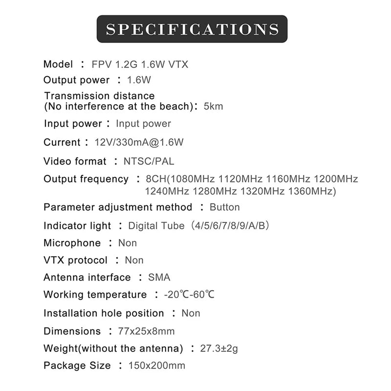 1.2G 1.3G 1.6W 8CH VTX - 0.1Mw/25Mw/800Mw/1600Mw Transmitter For Long Range FPV Drone 22 1.2G 1.3G 1.6W 8CH VTX, FPV drone specifications include 1.2G model, 1.6W VTX output, and parameters like video format, frequency, power, and dimensions.
