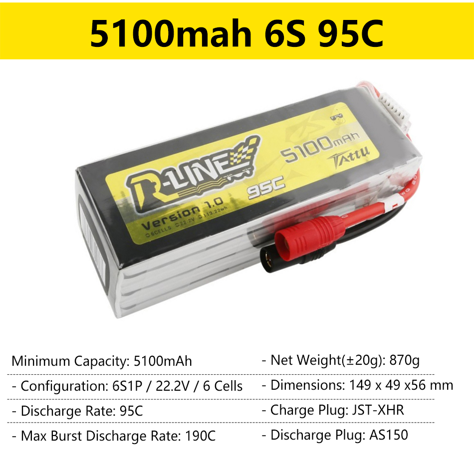 Gens Ace Tattu R-Line 1.0 2.0 LiPo Rechargeable Battery 550/650/750/850/1050/1300/1550/1800mah 95C 3S 4S 6S for RC FPV Racing 80 6S1P 22.2v 6 Cells Dimensions: 149 x 49