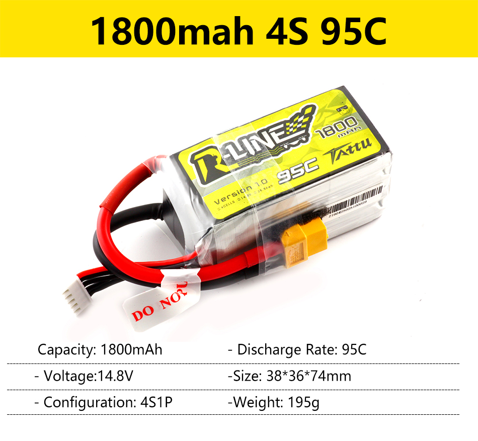 Gens Ace Tattu R-Line 1.0 2.0 LiPo Rechargeable Battery 550/650/750/850/1050/1300/1550/1800mah 95C 3S 4S 6S for RC FPV Racing 78 Capacity: 1800mAh Discharge Rate: 95c Voltage:14.8V